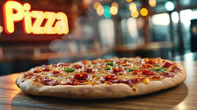 Delicious pepperoni pizza on wooden table in vibrant restaurant setting