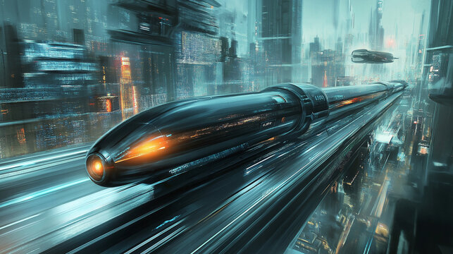 A sleek hyperloop train speeding through a futuristic cityscape, showcasing innovation and cutting-edge transportation technology