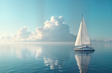 Calm sea with white sailboat. Clouds, blue sky above. Peaceful scene. Perfect for vacation travel relaxation. Mirror image on water. Summer tropical destination. Serenity, beauty in nature. Fantastic