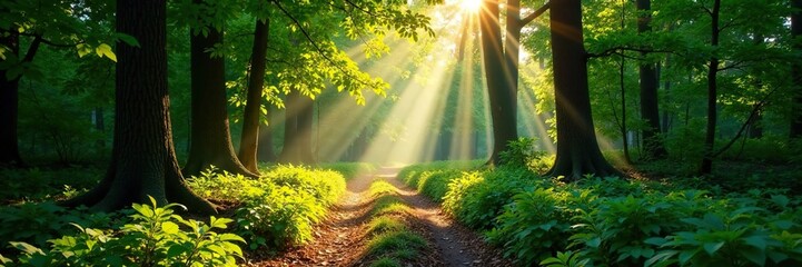 Obraz premium A serene forest path with sunlight filtering through leaves, forest path, woods, natural light