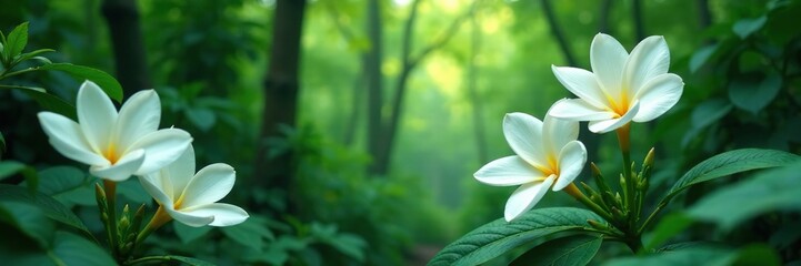 Tropical forest foliage with large white flowers, chantrieri, petals, forest