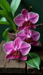 Fototapeta premium Exotic orchid blooms on a rustic wooden surface with greenery, botanical, nature