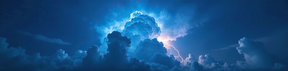 Towering cumulonimbus cloud with electric blue glow, natural phenomenon, ominous atmosphere