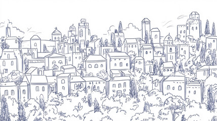 Obraz premium Hand-drawn hillside town with dense trees and houses 