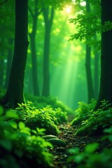 Fototapeta premium Emerald forest foliage with twinkling green lights, bokeh, nature