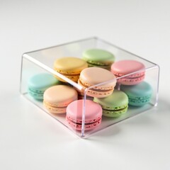 Obraz premium Delicate pastel macaron cookies inside clear plastic window, container, bakery, white background