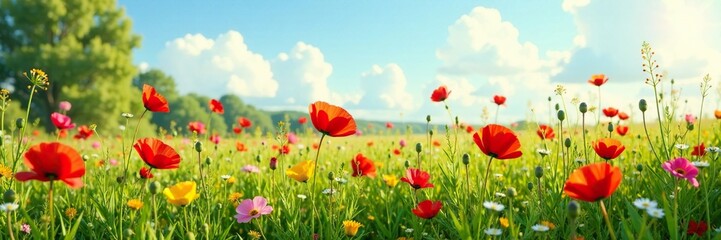Blooming wildflowers in a field of tall grass, grass, poppies