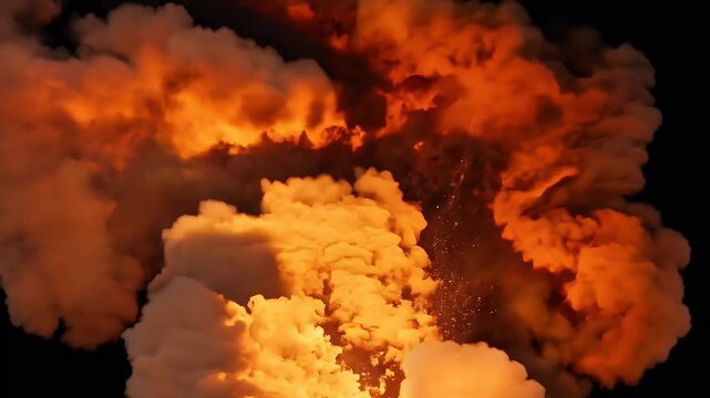 explosion with intense flames and ash-filled smoke
