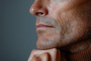 Fototapeta premium Closeup Portrait of a Thoughtful Man with a Pensive Expression, His Hand Gently Supporting His Chin Against a Muted Background
