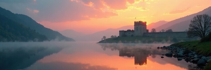 Fototapeta premium Misty dawn breaks over the fort's battlements with a serene lake in the foreground, dawn, reflection, peaceful