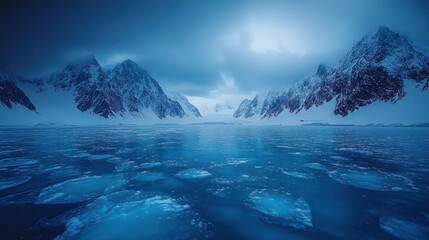 Fototapeta premium Serene Antarctic landscape with icy water and snow-capped mountains under a dramatic sky.