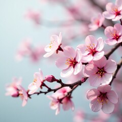 Fototapeta premium Pink cherry blossom flowers on a bare tree branch, branches, blossoms