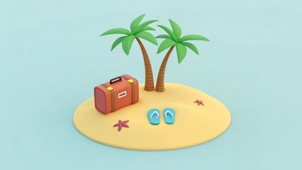 Obraz premium 3D illustration of a small tropical island with palm trees, suitcase, and flip-flops, symbolizing vacation and relaxation.