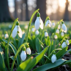 Fototapeta premium Delicate white flowers droop from slender stems, spring, nature, woodland