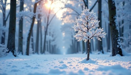 Obraz premium A lone snowy birch tree rises from the frozen forest floor amidst icy crystals, snow, solitary, birch