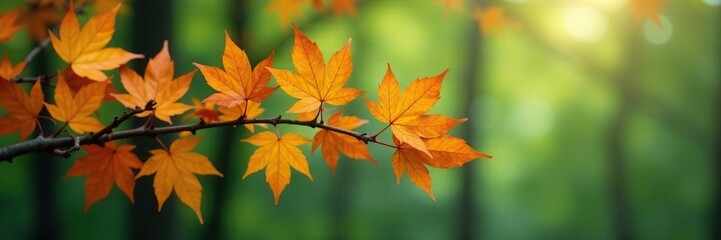 Fototapeta premium A sprawling branch with curled maple leaves and golden hues against a muted green background, landscape, fall color, forest