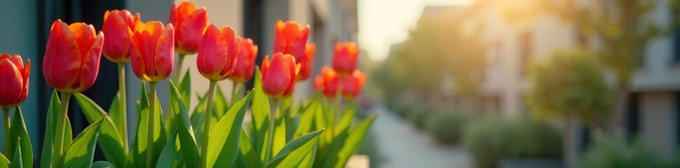 Fototapeta premium Blooming Tulip stems rise from balcony planter, pot, growth