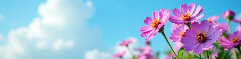Fototapeta premium Purple zinnia flower against blue sky with white clouds, nature, colorful, garden