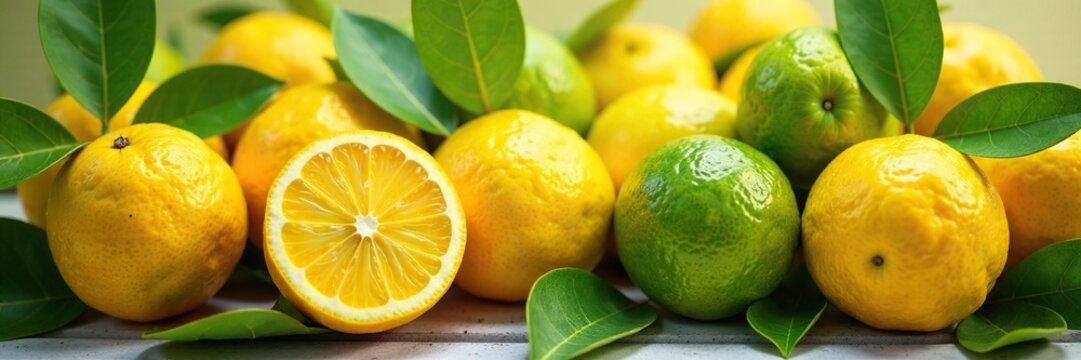 viele reife Limetten in einem k?nstlerischen Arrangement, saftig, Bl?ten, gelb