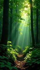 Naklejka premium Dense foliage and dappled light in a forest clearing, foliage, greenery, forest