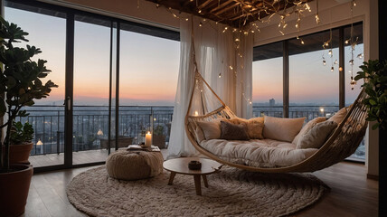 Chic bohemian style balcony with green plants comfy couch natural decor and a breathtaking city night view full of stars Bohemian Style Interior Design Stock Photo Inspiration