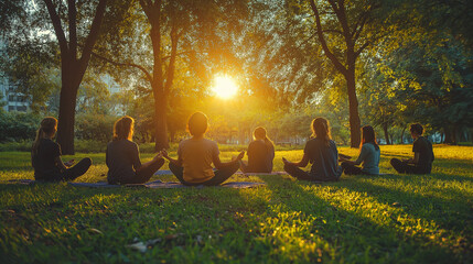 A group of people meditating in a serene urban park, bathed in golden sunlight, promoting mindfulness, harmony, and connection with nature