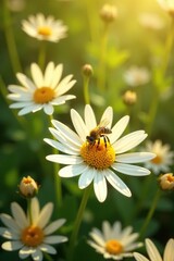 Fototapeta premium Yellow white petals softly glowing in sunlight, bee, flowers