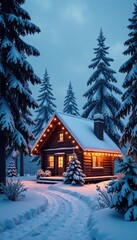 Fototapeta premium Snowy trees surrounding a Christmas cabin with a warm glow, Snowy trees, Christmas cabin, winter wonderland