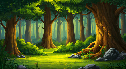  An enchanting fairytale forest adorned with towering trees and lush foliage. Background in digital painting style.