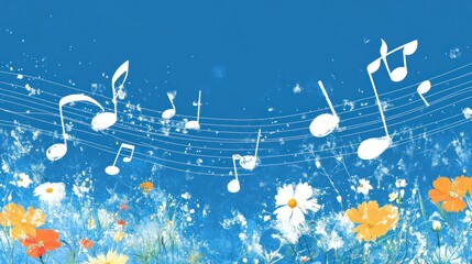Floating musical notes over flowers in a light blue sky.  Possible use background image, music poster