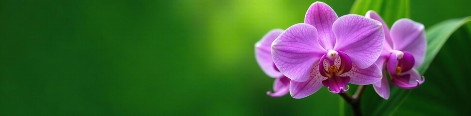 Obraz premium Delicate purple orchid blooms on a lush green leaf background, nature, botanical