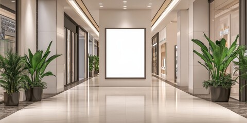 Modern mall hallway with blank billboard.