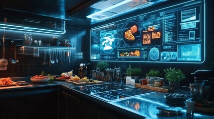 Fototapeta premium A futuristic kitchen with holographic displays and fresh produce, symbolizing smart home advancements.
