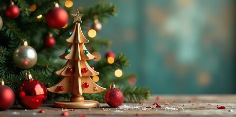 Wooden Christmas tree decorated with glass balls, decoration, wooden, christmas tree