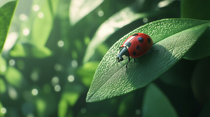 Fototapeta premium A vibrant macro shot of a ladybug perched on a dew-covered green leaf, illuminated by soft natural light in a lush garden setting