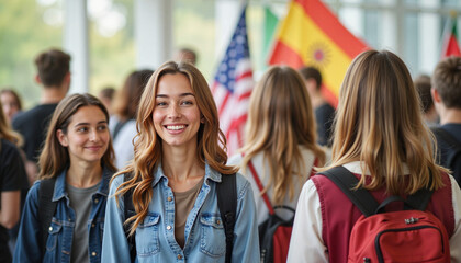 Teens smiling with flags at study abroad fair, cultural exchange opportunity