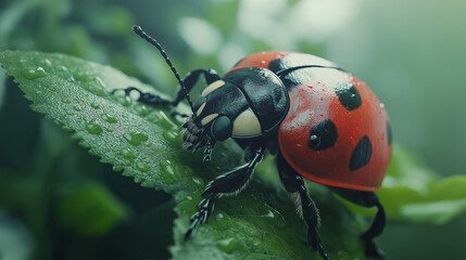 Fototapeta premium A stunning macro shot of a vibrant ladybug resting on a dew-covered green leaf, showcasing intricate details and vibrant natural colors
