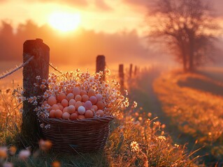 A stunning Easter sunrise over a quiet countryside, with a lone basket of eggs placed on a wooden fence post, bathed in the soft glow of the first light of day