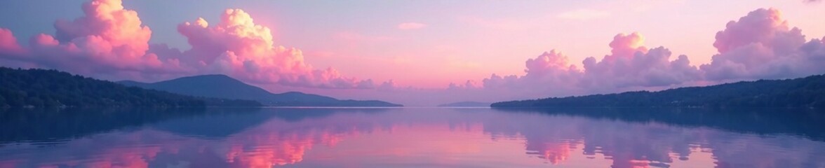 Fototapeta premium Pink clouds float above a tranquil lake at dusk, soft focus, serene water, cloud formations