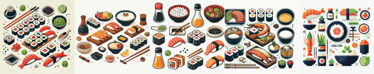 vector set of very delicious sushi dishes