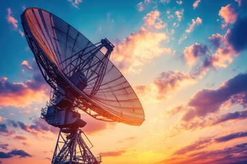 Radio telescopes, sunset sky, dramatic clouds, warm lighting, silhouette, metallic structures