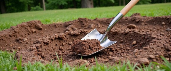 Shovel digging in soil on green lawn