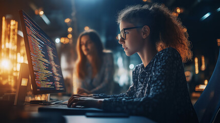 A young programmer intensely focused on coding, working in a modern workspace illuminated by warm ambient lighting, showcasing creativity and technology