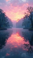 Obraz premium Foggy lake at dawn with misty reflections and trees, peaceful, trees, water