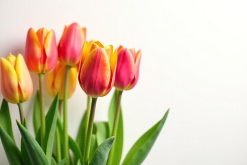 Colorful tulip blooms against soft white background, garden, colorful
