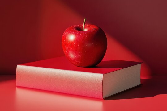 Red apple on two red books, studio lighting, simple background, high detail, realistic texture, vibrant colors