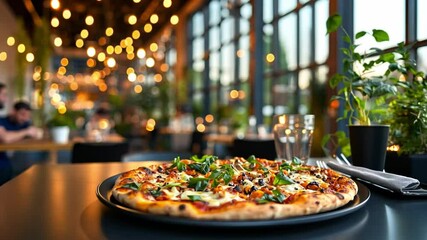 Delicious pizza served in a cozy restaurant with ambient lighting and green plants