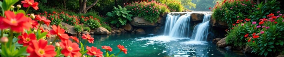 Waterfall scenery with blooming flowers nearby, warm weather, flower garden, nature scene