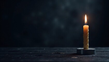 A lone candle flickers on a dark, foreboding background, casting eerie shadows around it, darkness, darkness, texture