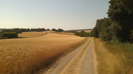 Fototapeta premium A serene countryside road winds through golden wheat fields and lush green trees under a clear summer sky, evoking rural tranquility
